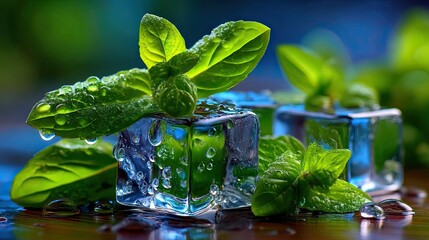 Fresh mint leaves on ice cubes with water droplets. high detoxification