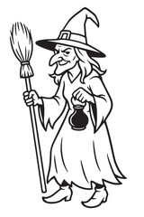 Halloween Witch Outline Design Black and White