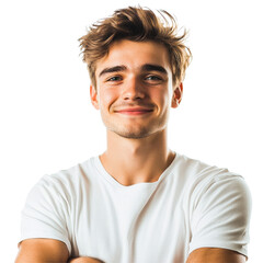 Obraz premium Handsome young man smiling confidently with arms crossed against a bright background, Portrait handsome smiling young man with folded arms isolated, Transparent background