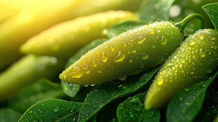 Dewy green peppers sunlight plant agriculture farm