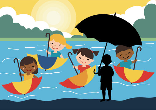 Cheerful children floating in umbrellas opposite a lonely silhouette of a child under a black umbrella. Loneliness, isolation and the meanings of peer group support