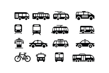 Black transportation icons including buses trains cars and bicycle trolleybus tram