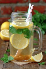 Homemade lemonade with lemon and mint in a Mason jar on a wooden table.