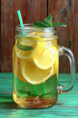 Homemade lemonade with lemon and mint in a Mason jar on a wooden table.