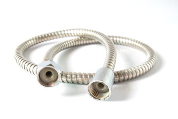Chrome plated shower hose , isolated on white background.