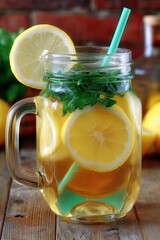 Homemade lemonade with lemon and mint in a Mason jar on a wooden table.