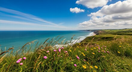 Scenic coastal landscape featuring vibrant wildflowers in foreground rolling hills and cliffs meet ocean under a bright blue sky with fluffy clouds