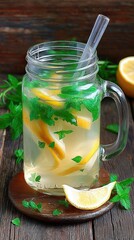 Homemade lemonade with lemon and mint in a Mason jar on a wooden table.