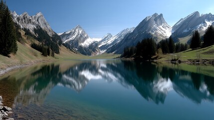 Turquoise lake mirrors snowy peaks. Lush valley meets towering mountains in clear sunlight