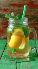 Homemade lemonade with lemon and mint in a Mason jar on a wooden table.