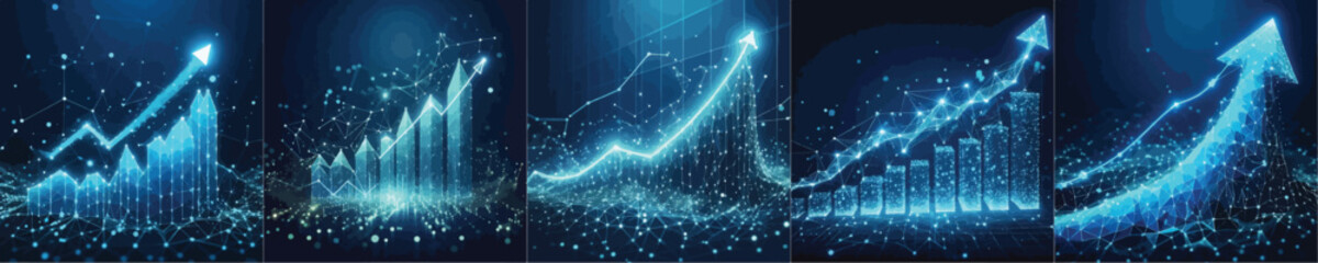 Abstract image of a growth chart in glowing blue. Low polygon or low poly design. particle, and triangle style design.Wireframe light connection structure. Vector wireframe concept