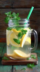 Homemade lemonade with lemon and mint in a Mason jar on a wooden table.