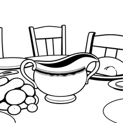 A ceramic gravy boat on a roast dinner table