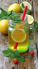 Homemade lemonade with lemon and mint in a Mason jar on a wooden table.