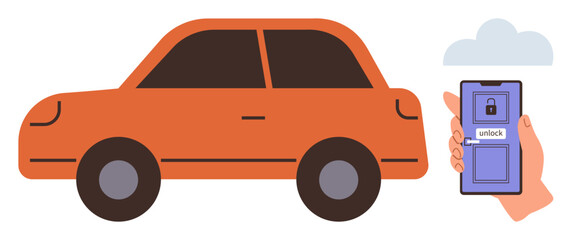 Orange car beside smartphone app with unlock screen and cloud backdrop. Ideal for technology, convenience, mobility, automotive safety, innovation, smart devices, accessibility. Simple flat metaphor