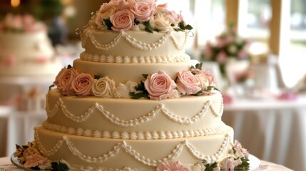 Fototapeta premium Elegant tiered wedding cake adorned with roses