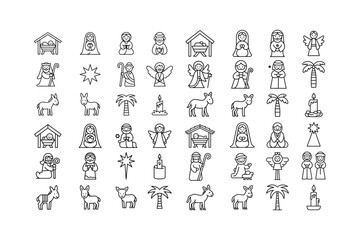 Nativity scene figures and symbols outline icons christmas jesus