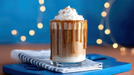 Iced caramel latte with whipped cream and caramel sauce.