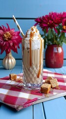 Iced caramel latte with whipped cream and caramel sauce.