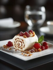 Elegant Raspberry Cream Roll Dessert on a White Plate with Powdered Sugar