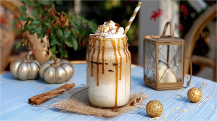 Iced caramel latte with whipped cream and caramel sauce.