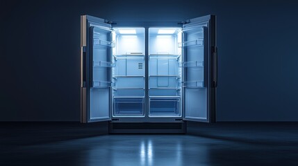 Empty refrigerator, dark room, interior, glowing, food storage