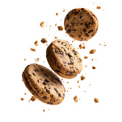 Delicious chocolate chip cookies floating with crumbles on a playful bright background