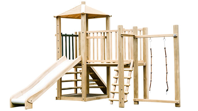  wooden climbing play structure for kids in a park isolated on white background PNG ,ai generated