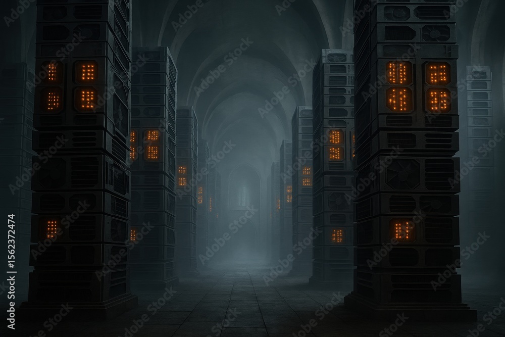Aufkleber Mysterious Data Center with Illuminated Columns in a Foggy Environment
