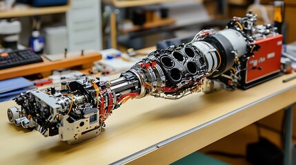 A mechanical model of a robotic leg with gears, sensors, and actuators on a workbench