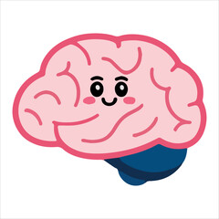 Cute smiling brain mascot in kawaii vector style. Whimsical neuroscience character perfect for mindfulness apps and positive psychology visuals.