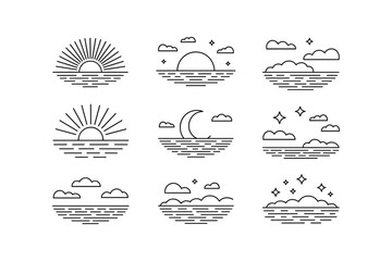 Sunrise sunset moon and stars over water line art clouds