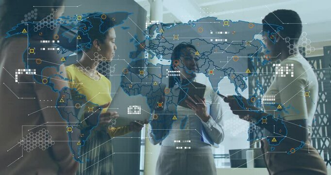 Businesswomen leaning and tapping regions after world map overlay appears, guiding decisions