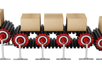 Carton boxes on conveyor belt on transparent background. 3D illustration