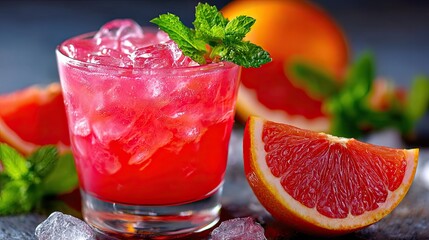 Refreshing grapefruit cocktail with ice on a gray background.