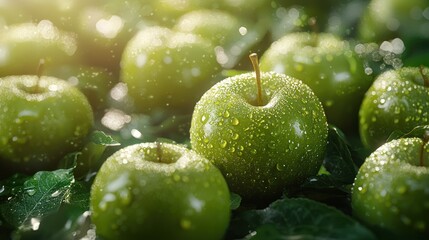 Fresh green apples, orchard sunlight, water drops, leaves