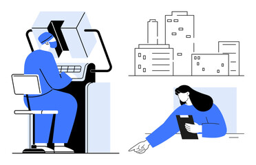 Person operating machinery, woman holding tablet and pointing, outline of city buildings. Ideal for work process, technology, teamwork, industrial design, urban development, business workflow simple