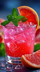 Refreshing grapefruit cocktail with ice on a gray background.