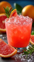 Refreshing grapefruit cocktail with ice on a gray background.