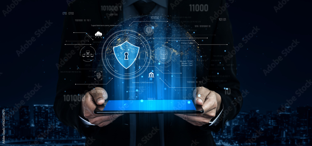 Poster cyber security interface with biometric and ai-powered protection system. cyber security secures acc