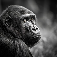 A gorilla looks back over its shoulder in a black and white close-up portrait