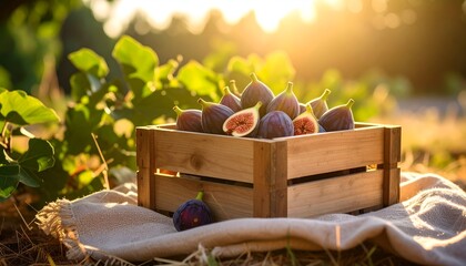 Fresh figs on a cloth with a rustic wooden crate and sunshine in background