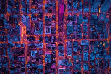 Vibrant aerial night view of illuminated skyscrapers and streets in a bustling USA city, Aerial night vertical view of Skyscraper lights, USA