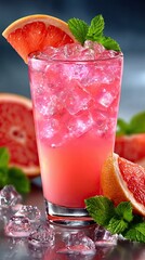 Refreshing grapefruit cocktail with ice on a gray background.