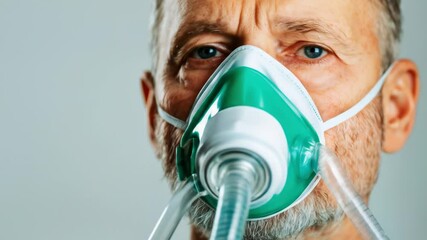 Close-up of a senior man wearing an oxygen mask, symbolizing medical care and respiratory support - Powered by Adobe