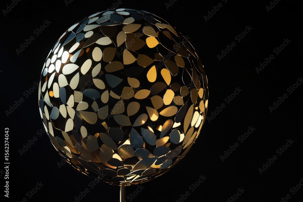Poster three-dimensional globe shape with leaf patterns glowing on a black background, globe of shapes over