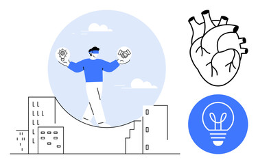 Person balancing gear and handshake, symbolizing innovation and collaboration amidst cityscape. Heart and lightbulb represent empathy, creativity. Ideal for business, teamwork, leadership