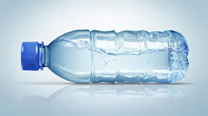 Plastic water bottle resting sideways, blue cap visible, reflecting surface highlighting clear liquid's pristine quality and clean design
