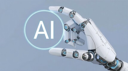Robotic hand gently touching luminous ai symbol, symbolizing technological advancement and machine intelligence integration