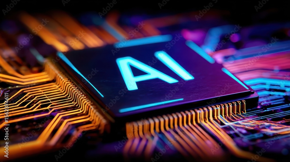 Poster luminescent ai logo glowing on circuitry, symbolizing technological intelligence with vibrant digita